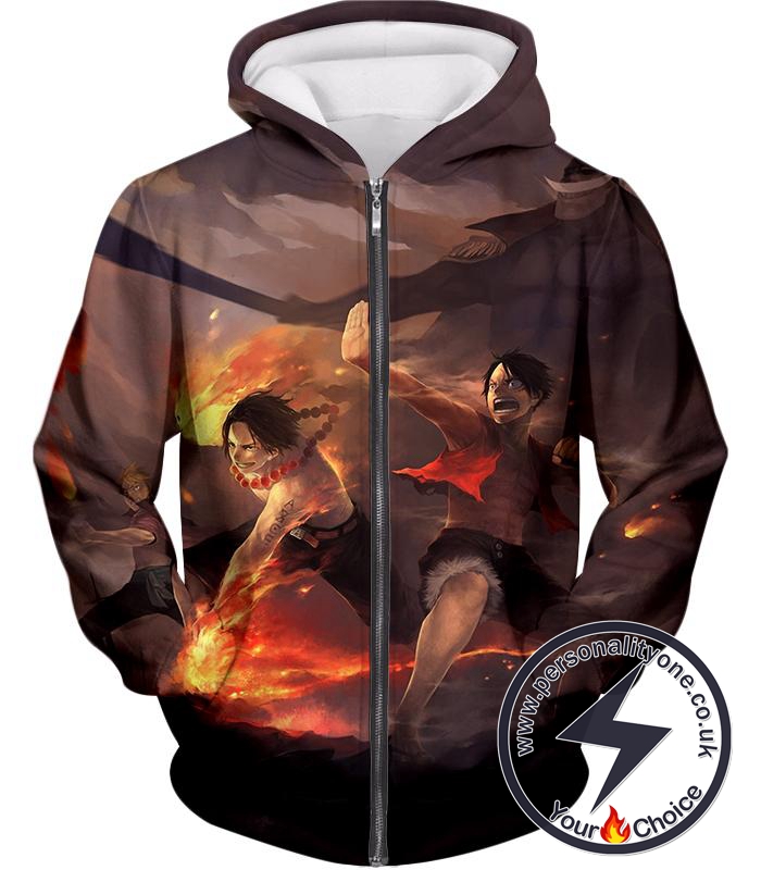 One Piece Powerful Brothers Bond Luffy and Ace Cool Battle Action Zip Up Hoodie